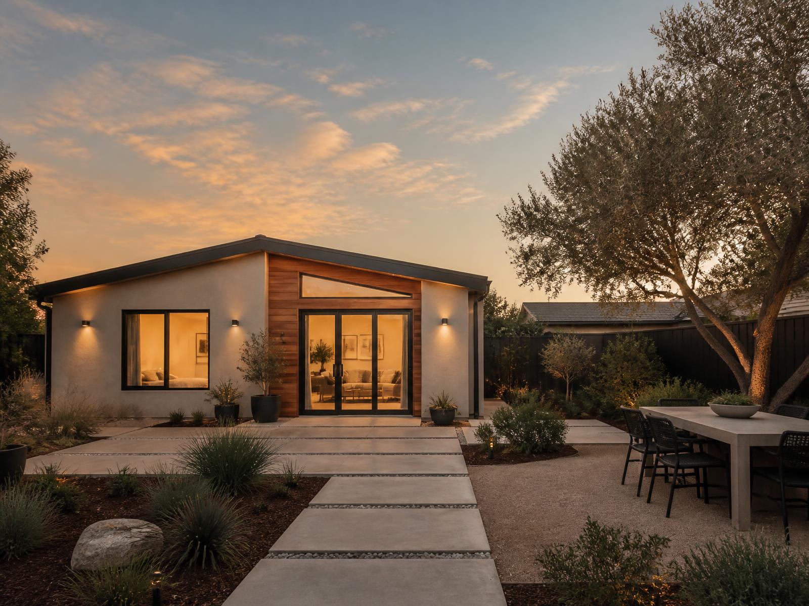 A modern detached accessory dwelling unit in a California backyard at golden hour